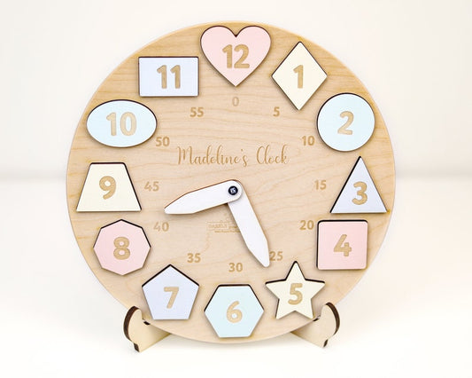 Personalized Wooden Name Clock with Shape Chrin Gift Puzzle Toys for Toddler Gift 1st Birthday Eastern Montessori Toy Baby Gift Boy Girl